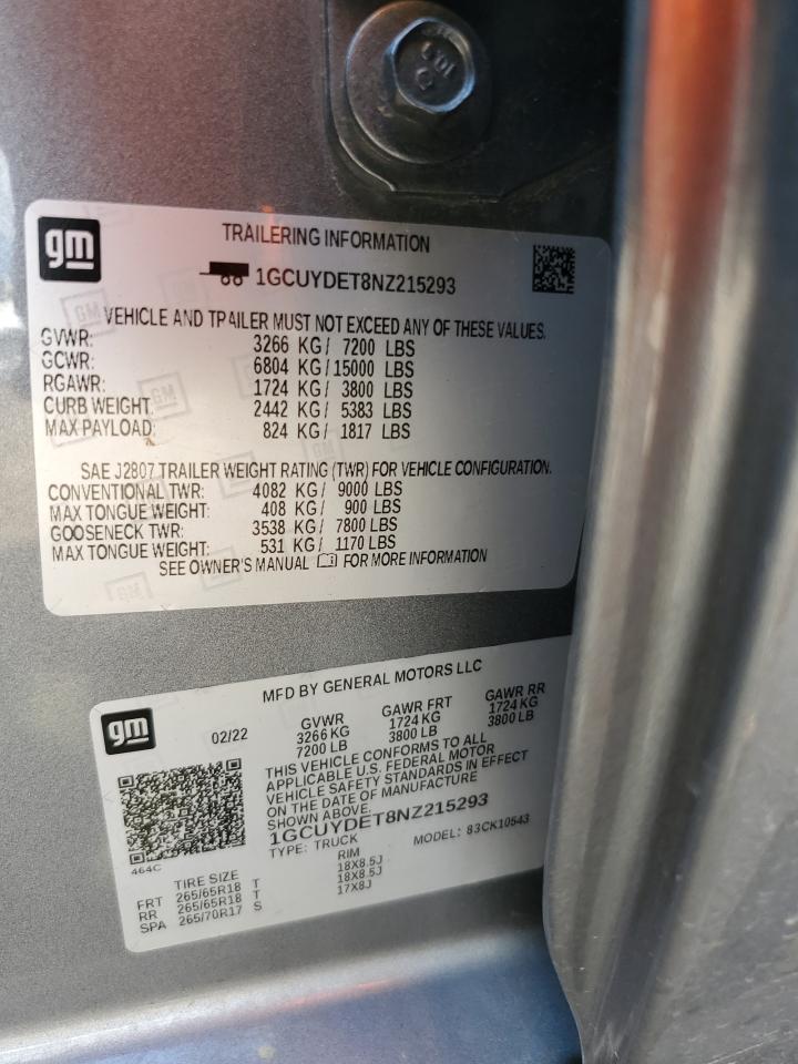 2022 Chevrolet Silverado Ltd K1500 Lt VIN: 1GCUYDET8NZ215293 Lot: 71852105