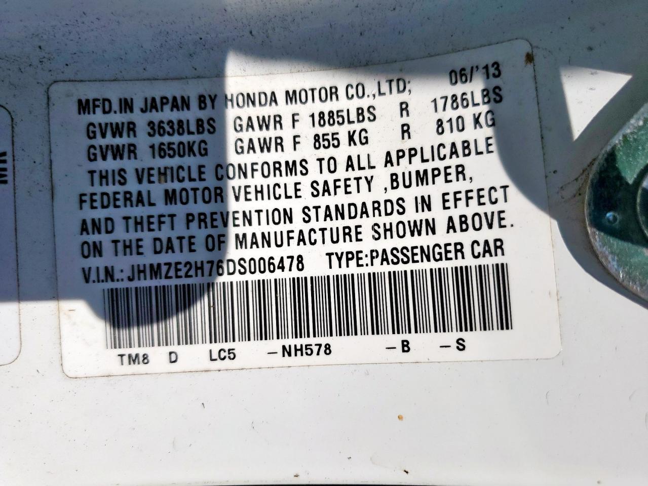 2013 Honda Insight Ex VIN: JHMZE2H76DS006478 Lot: 70287295