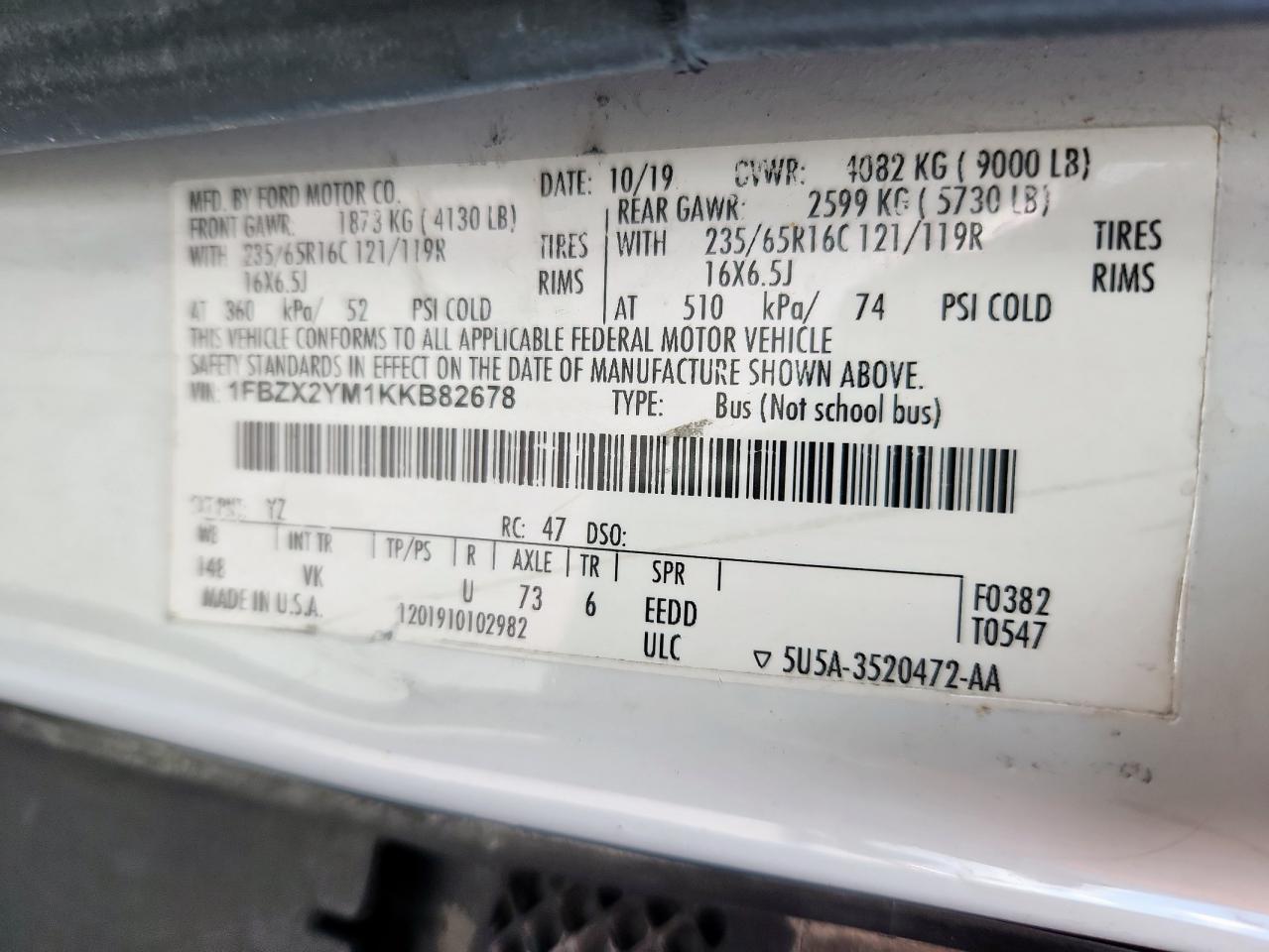2019 Ford Transit T-350 VIN: 1FBZX2YM1KKB82678 Lot: 84230435