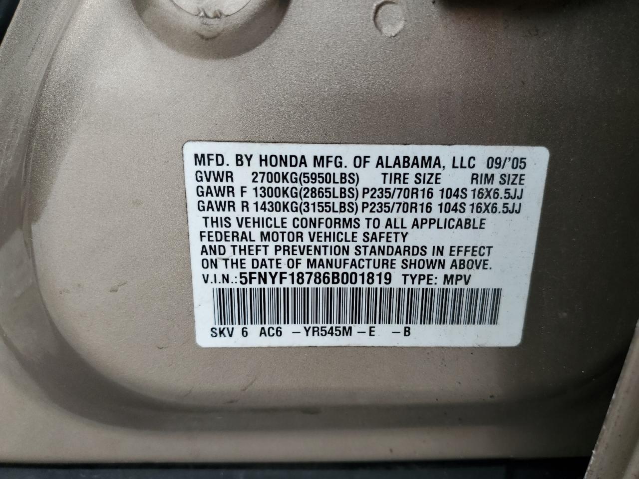 2006 Honda Pilot Ex VIN: 5FNYF18786B001819 Lot: 84269155