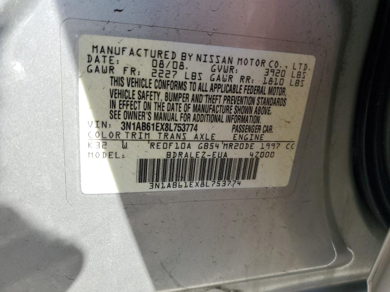 2008 Nissan Sentra 2.0 VIN: 3N1AB61EX8L753774 Lot: 81584605