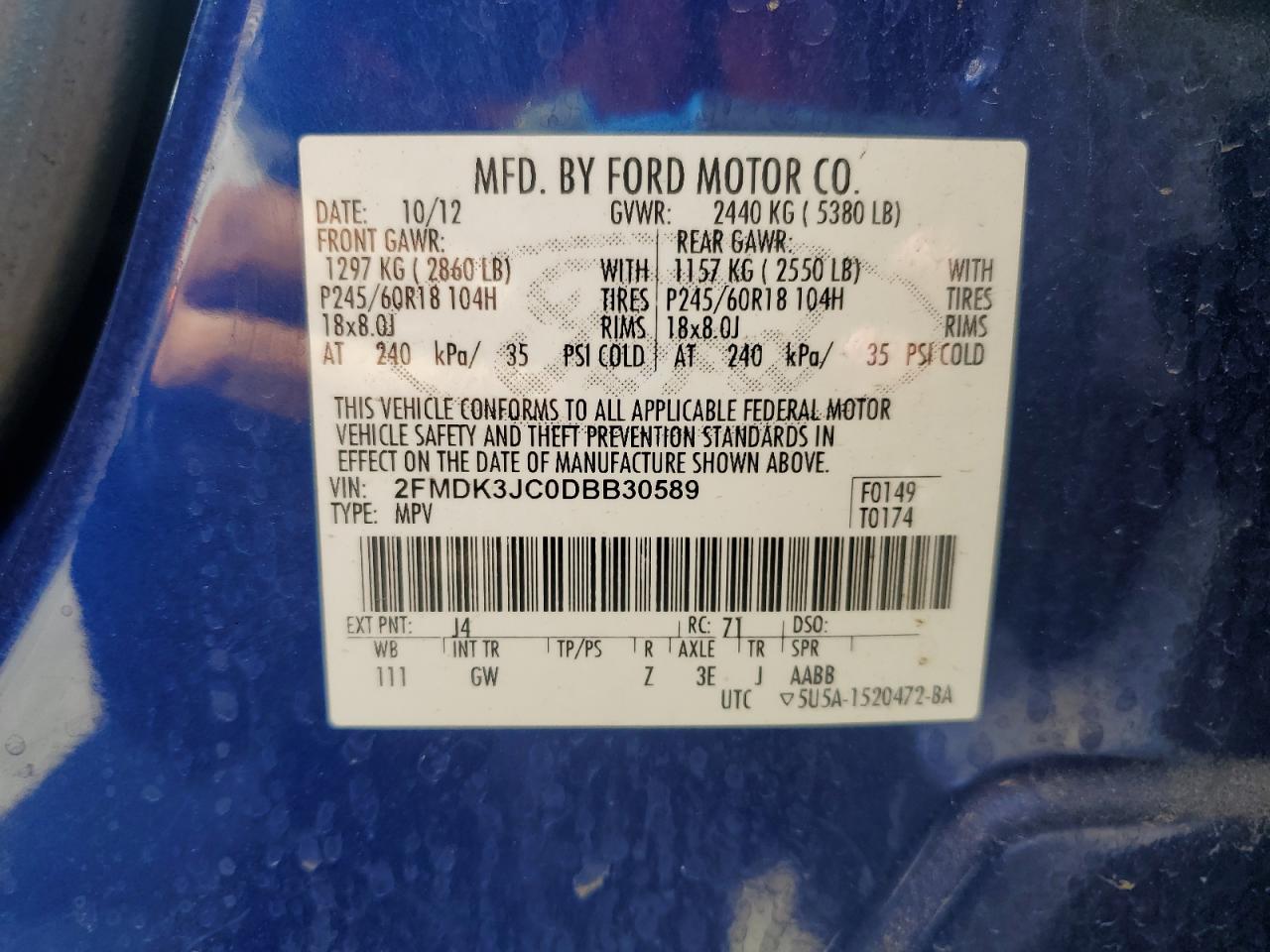 2013 Ford Edge Sel VIN: 2FMDK3JC0DBB30589 Lot: 71474755