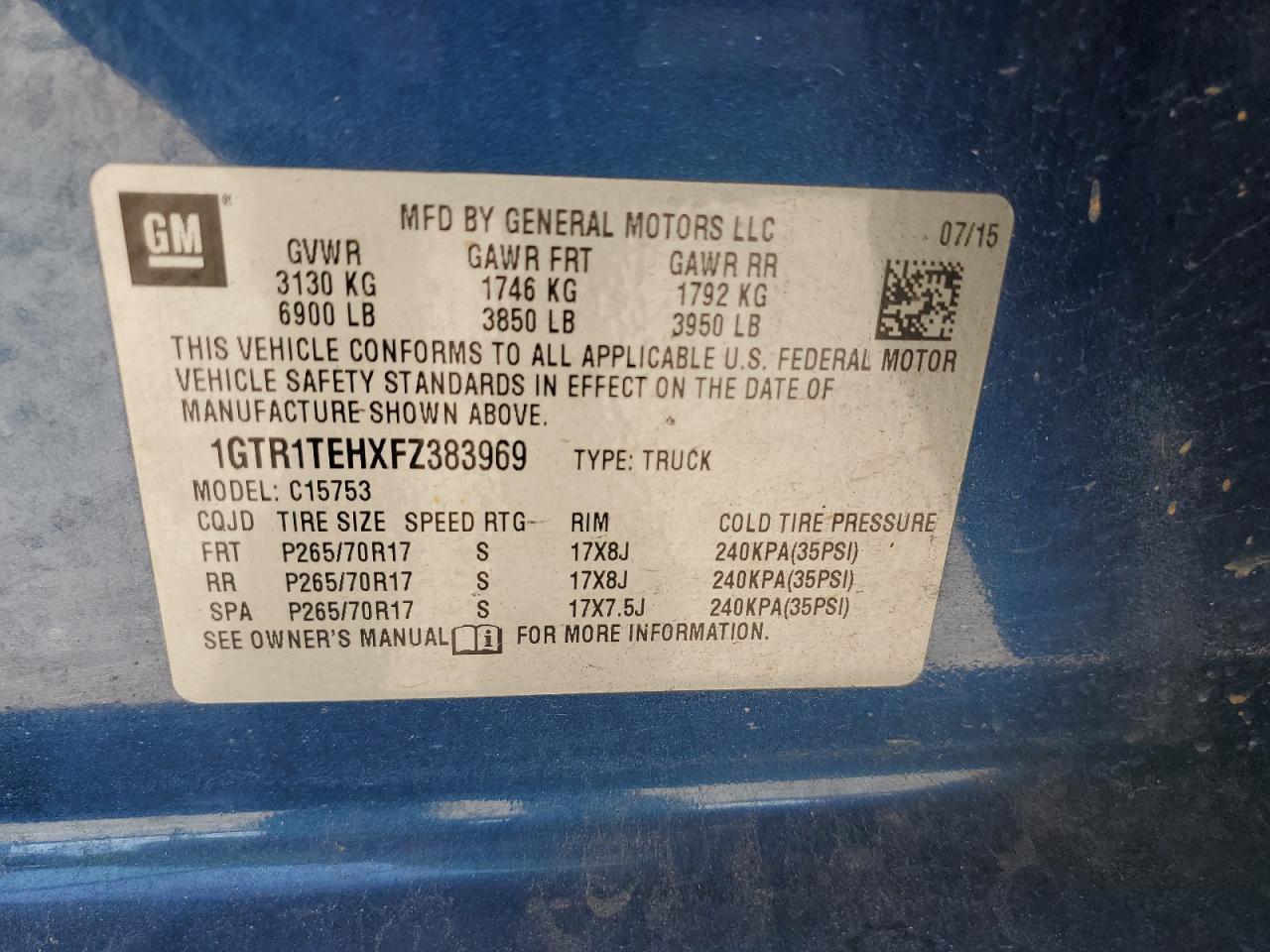 2015 GMC Sierra C1500 VIN: 1GTR1TEHXFZ383969 Lot: 80303495
