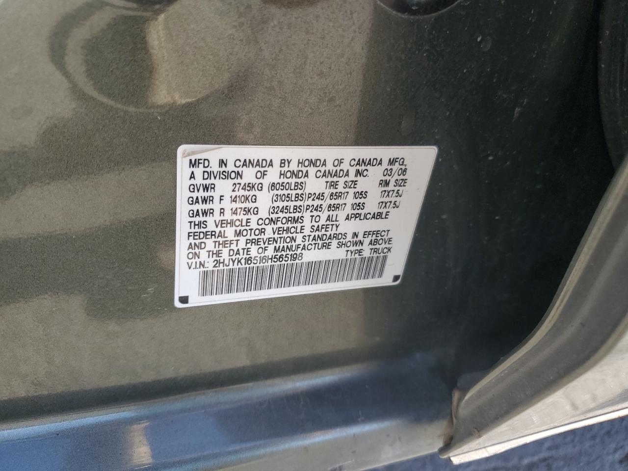 2006 Honda Ridgeline Rtl VIN: 2HJYK16516H565198 Lot: 84298325