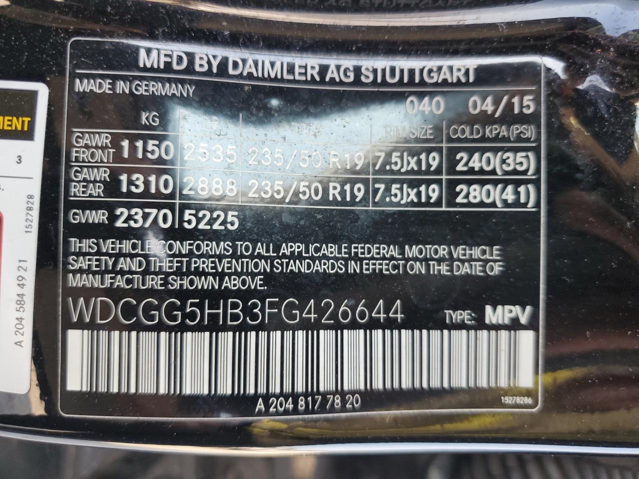 2015 Mercedes-Benz Glk 350 VIN: WDCGG5HB3FG426644 Lot: 71560125