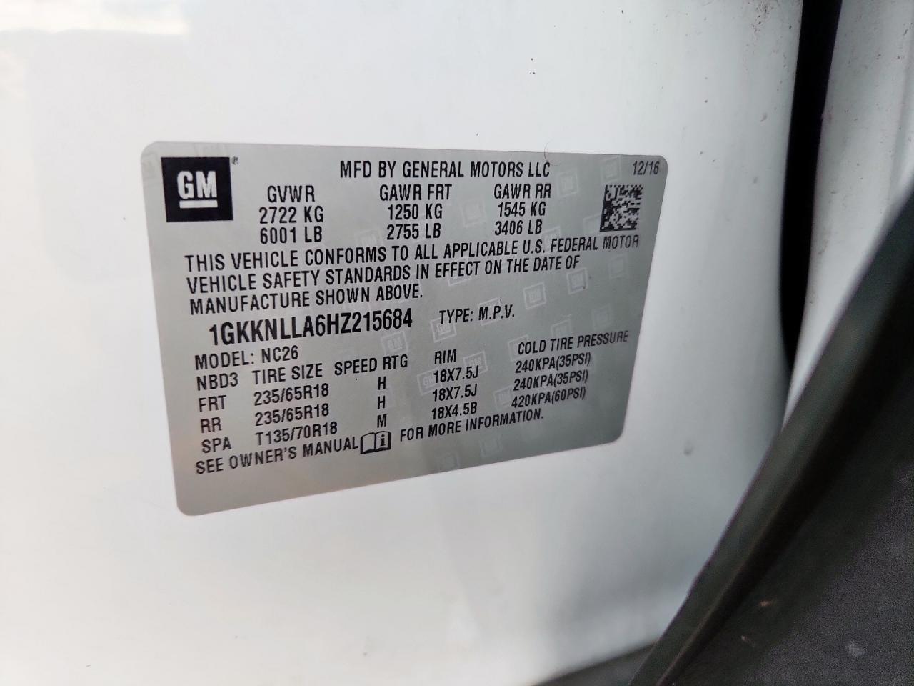 2017 GMC Acadia Sle VIN: 1GKKNLLA6HZ215684 Lot: 71431895