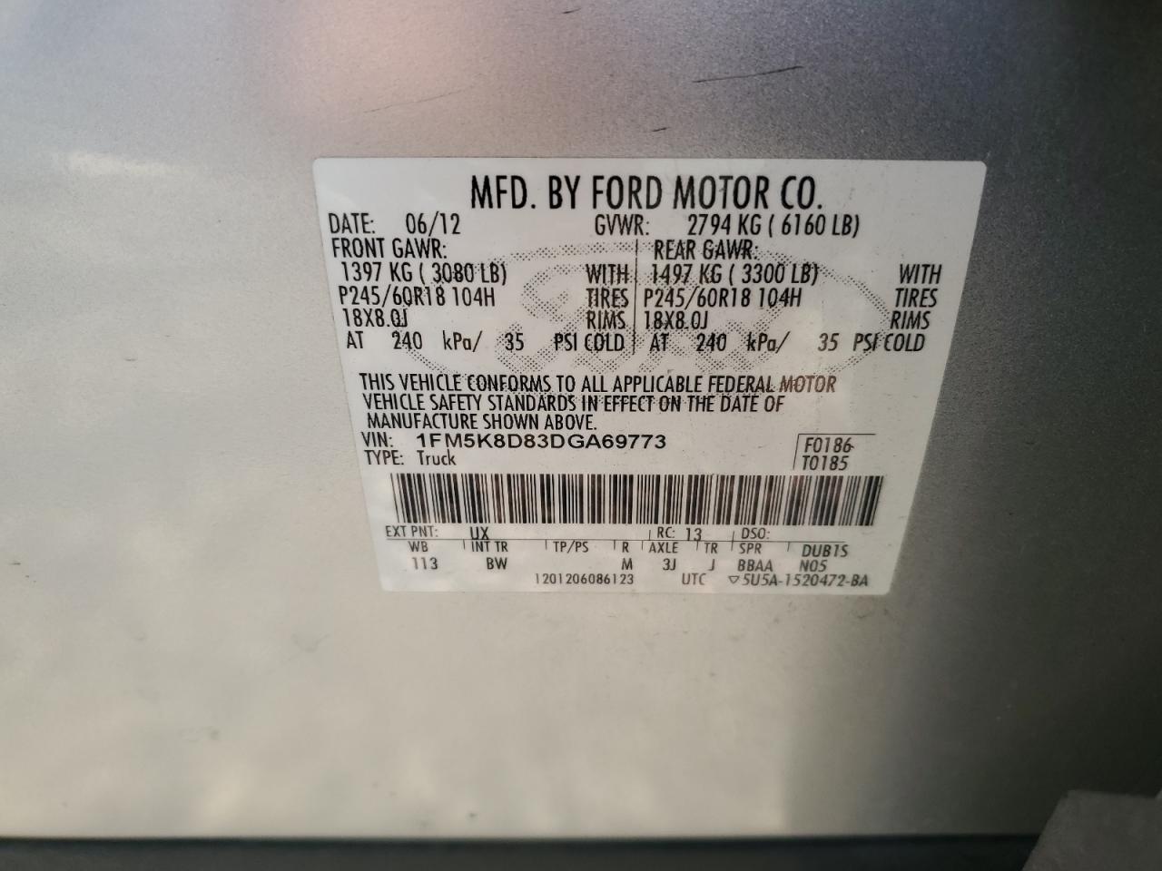2013 Ford Explorer Xlt VIN: 1FM5K8D83DGA69773 Lot: 80619225