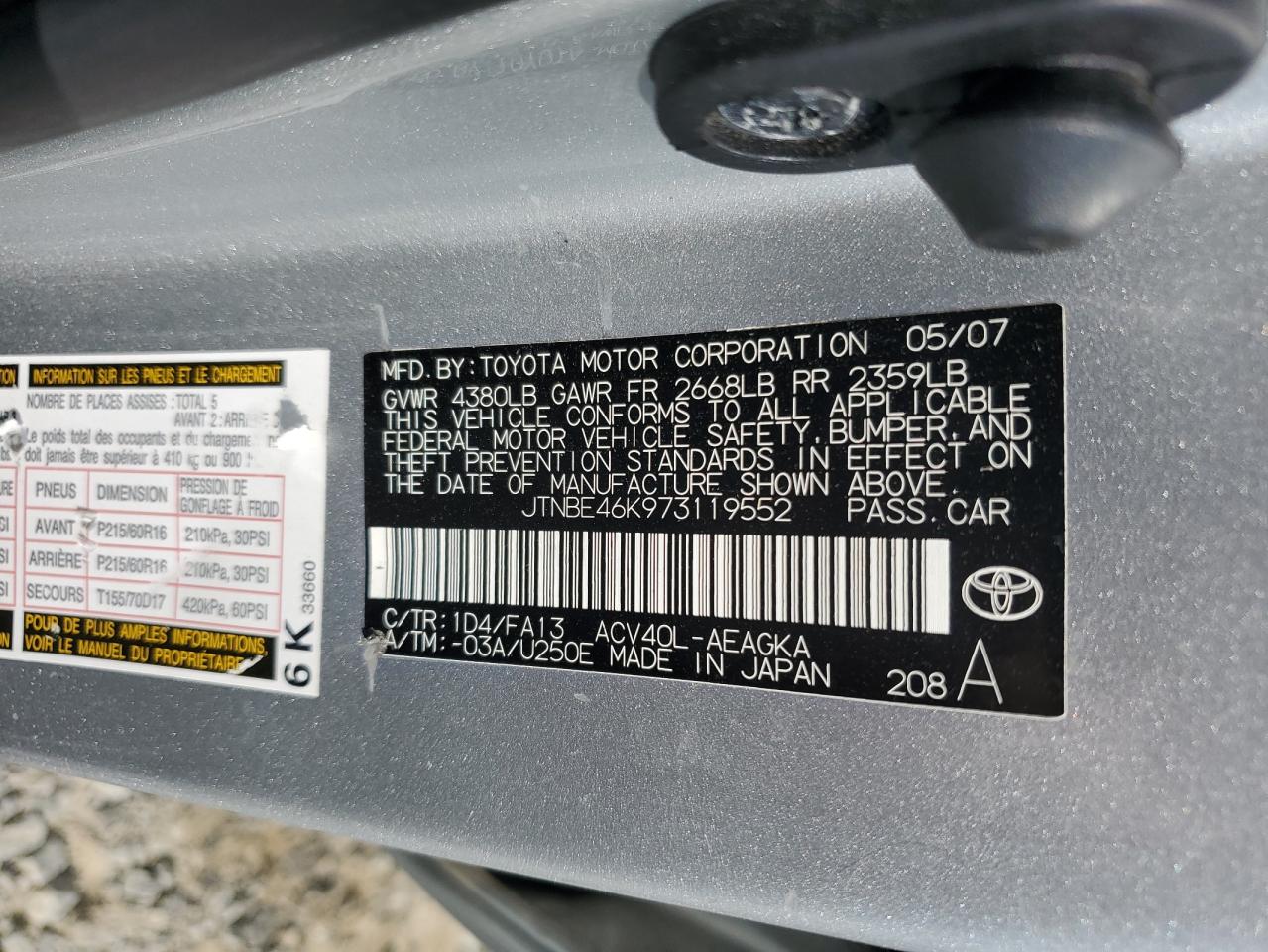 2007 Toyota Camry Ce VIN: JTNBE46K973119552 Lot: 80812295