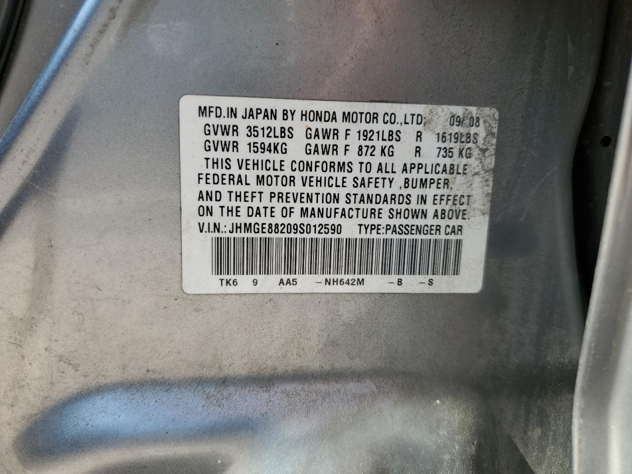 2009 Honda Fit VIN: JHMGE88209S012590 Lot: 71592135