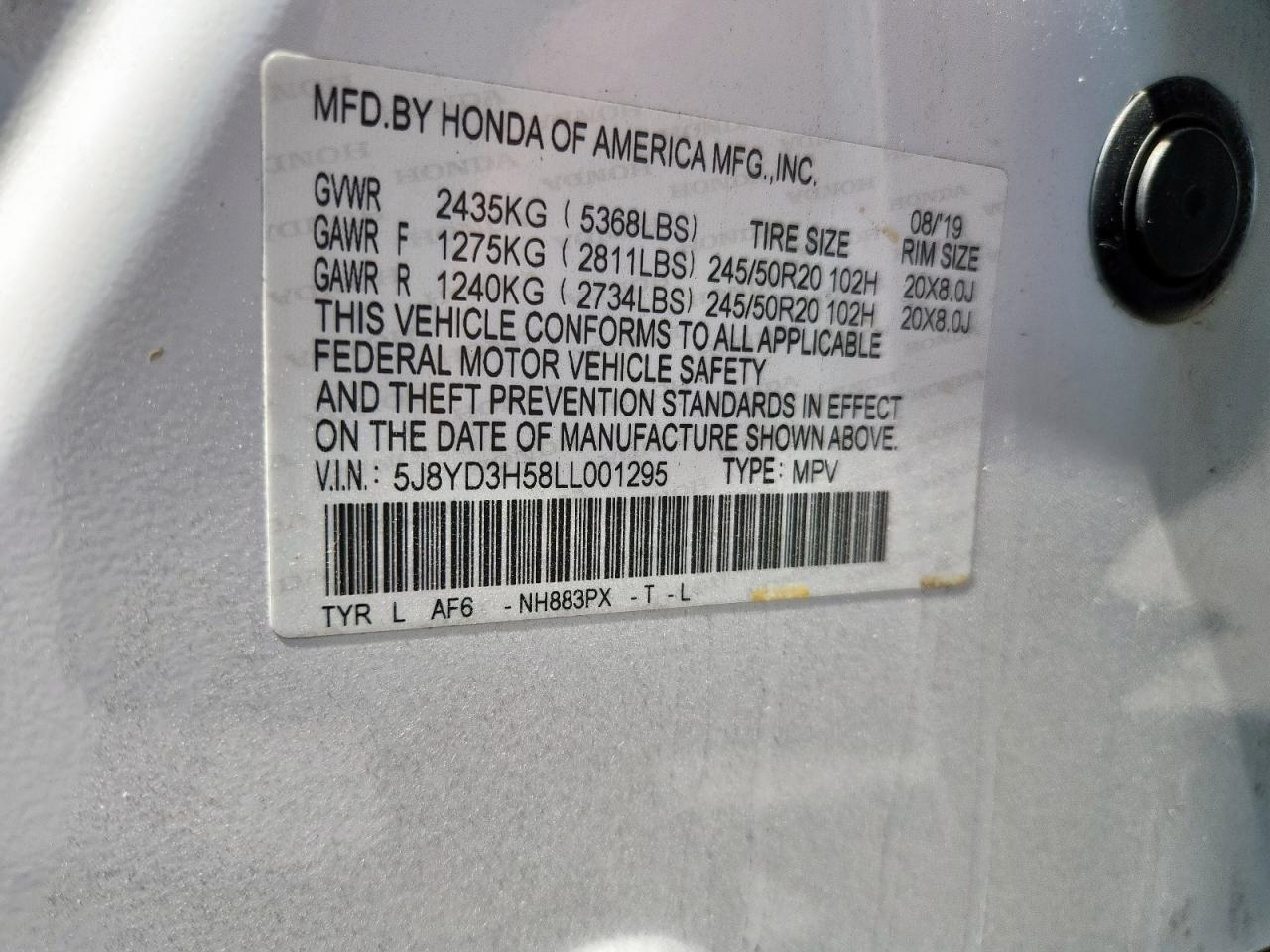 2020 Acura Mdx Technology VIN: 5J8YD3H58LL001295 Lot: 71841865