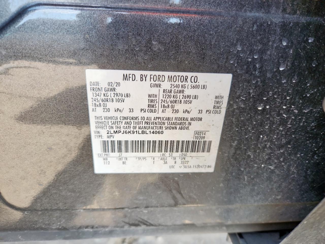 2020 Lincoln Nautilus Reserve VIN: 2LMPJ6K91LBL14060 Lot: 80225105