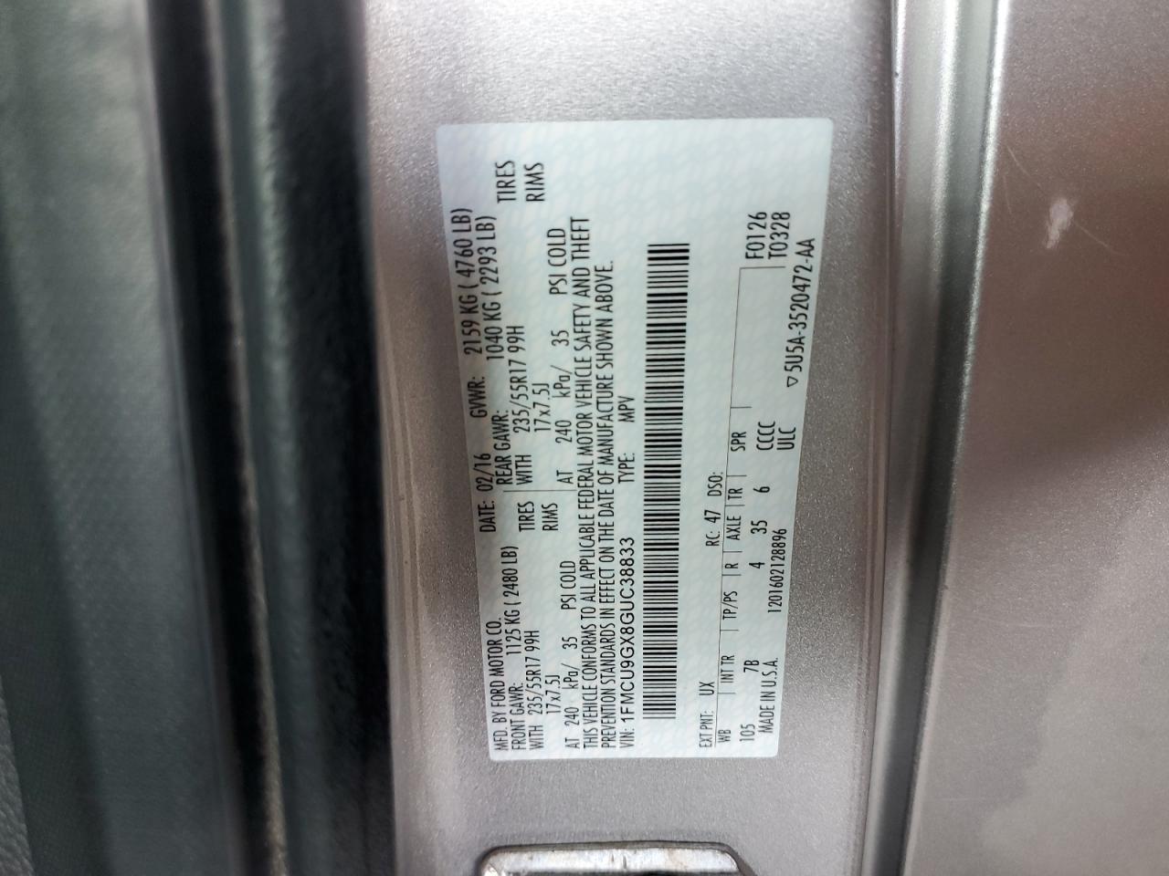 2016 Ford Escape Se VIN: 1FMCU9GX8GUC38833 Lot: 84582945