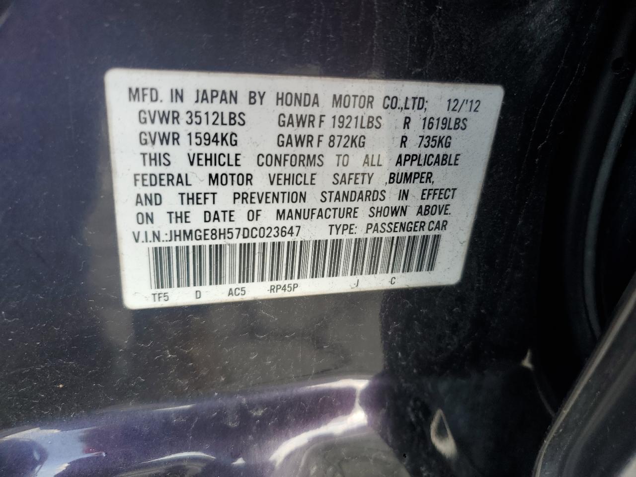 2013 Honda Fit Sport VIN: JHMGE8H57DC023647 Lot: 71043495