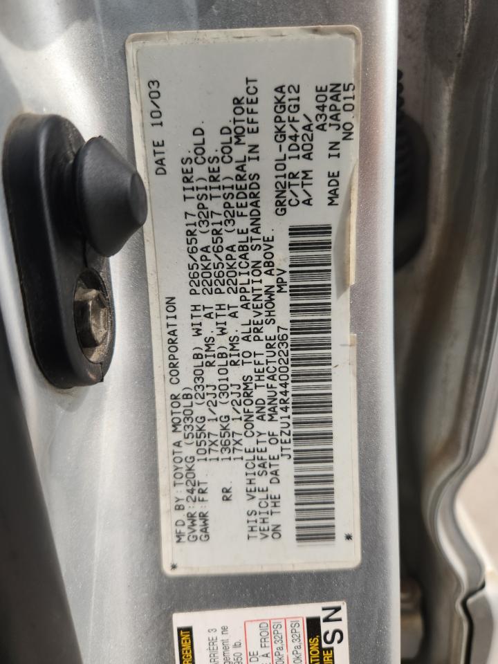 2004 Toyota 4Runner Sr5 VIN: JTEZU14R440022367 Lot: 81475635