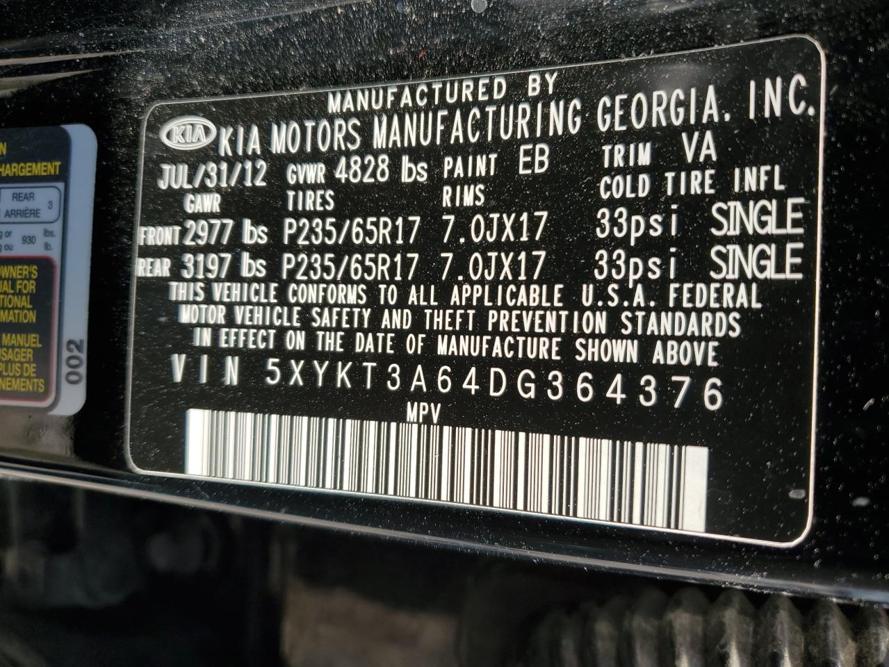 2013 Kia Sorento Lx VIN: 5XYKT3A64DG364376 Lot: 71620765