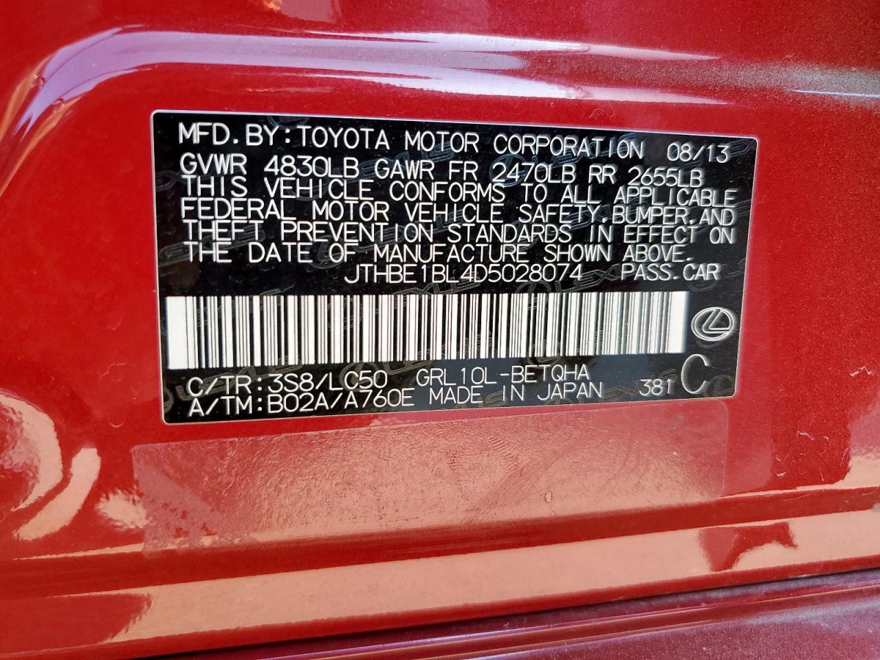 2013 Lexus Gs 350 VIN: JTHBE1BL4D5028074 Lot: 80691965