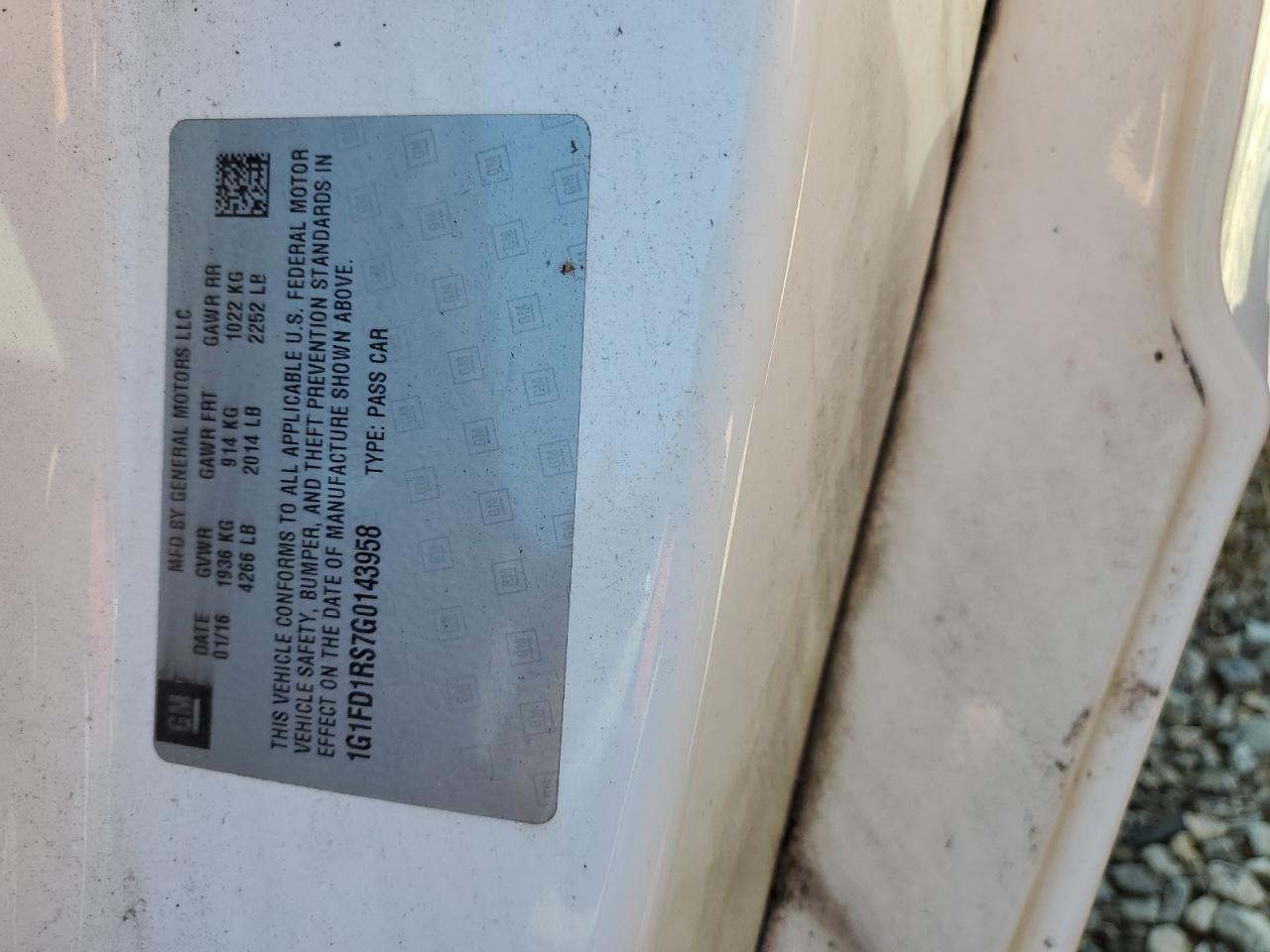 2016 Chevrolet Camaro Lt VIN: 1G1FD1RS7G0143958 Lot: 84251325