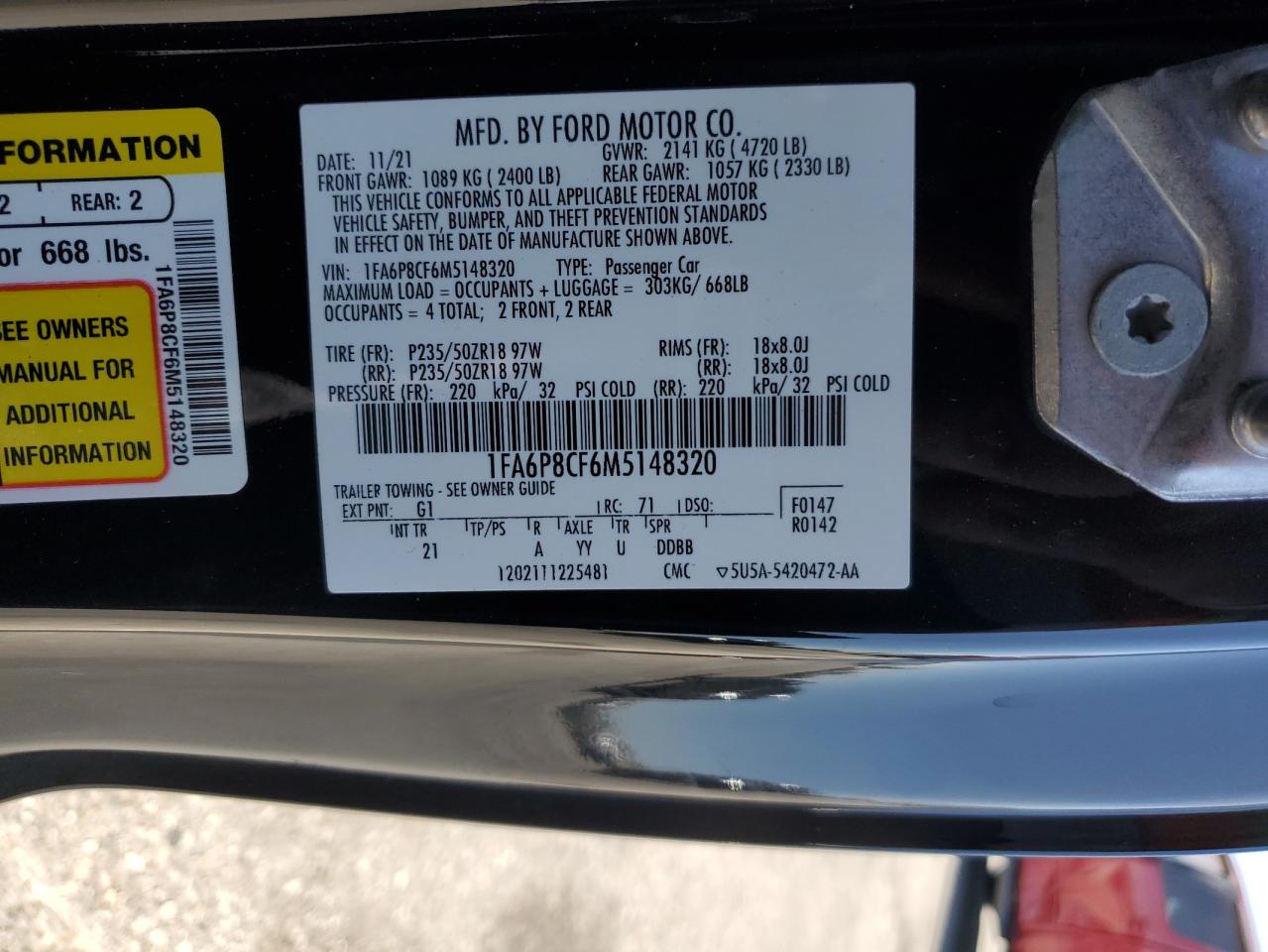 2021 Ford Mustang Gt VIN: 1FA6P8CF6M5148320 Lot: 71417825