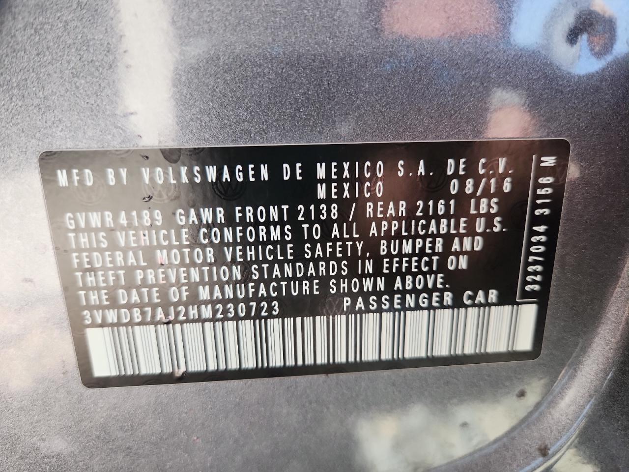 2017 Volkswagen Jetta Se VIN: 3VWDB7AJ2HM230723 Lot: 71628315