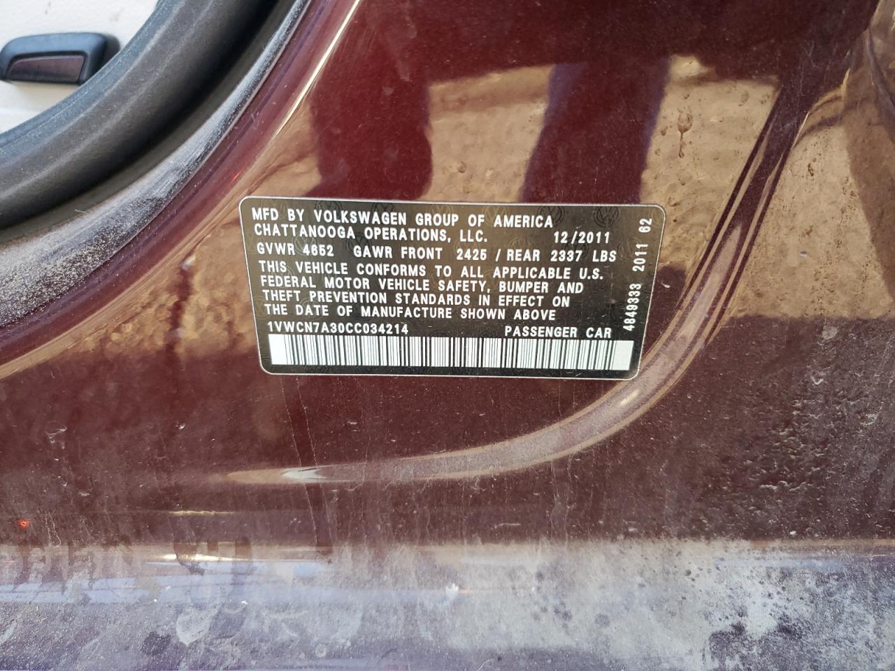 2012 Volkswagen Passat Sel VIN: 1VWCN7A30CC034214 Lot: 81192425