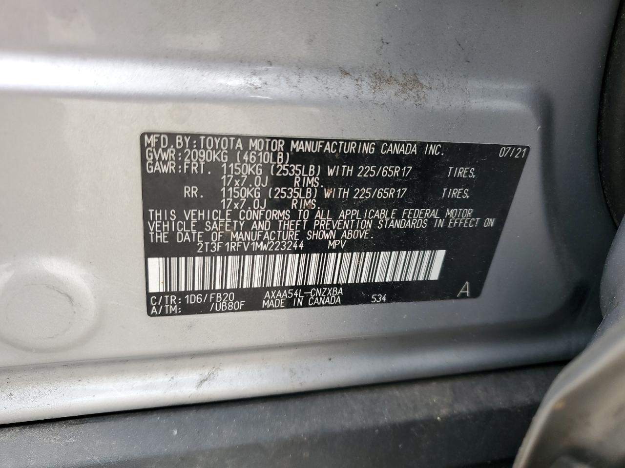 2021 Toyota Rav4 Le VIN: 2T3F1RFV1MW223244 Lot: 83846495