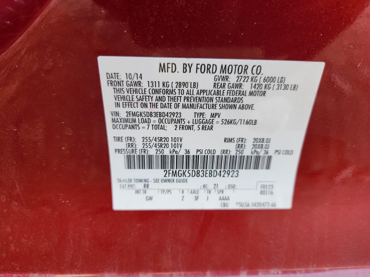 2014 Ford Flex Limited VIN: 2FMGK5D83EBD42923 Lot: 81136705