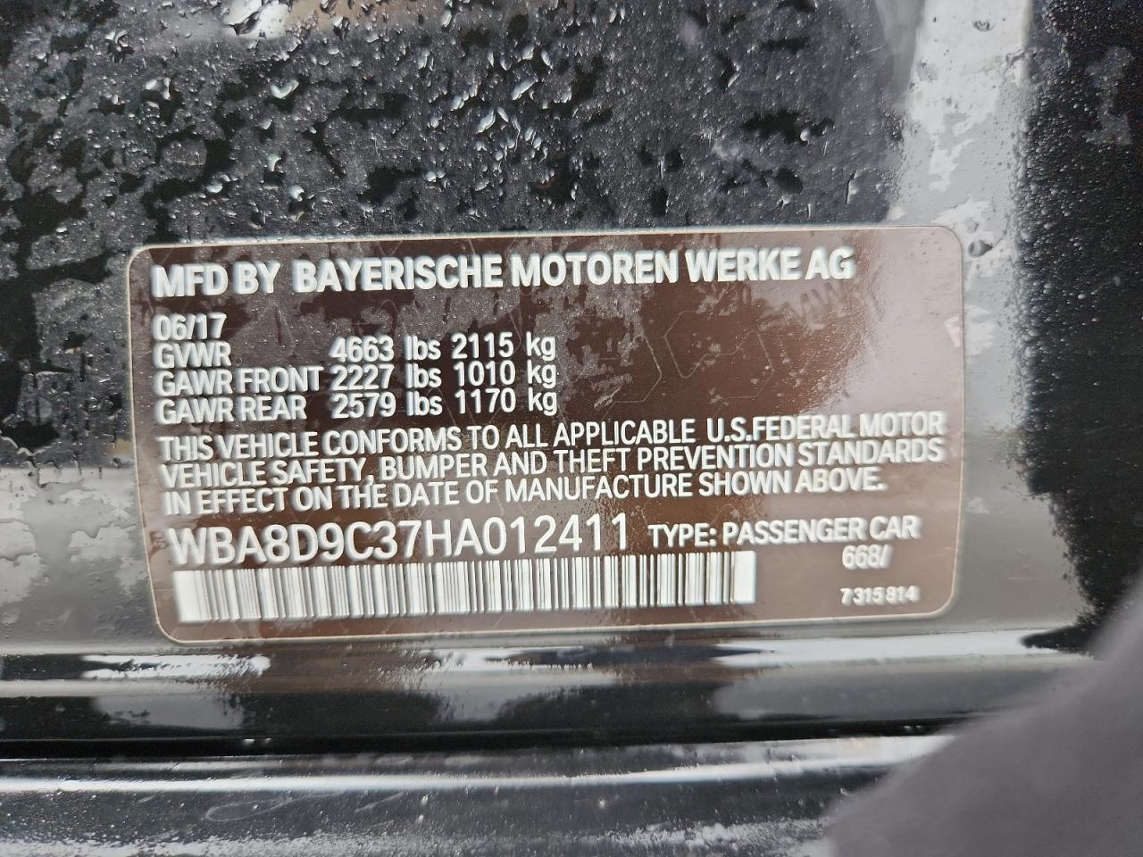 2017 BMW 330 Xi VIN: WBA8D9C37HA012411 Lot: 82086245