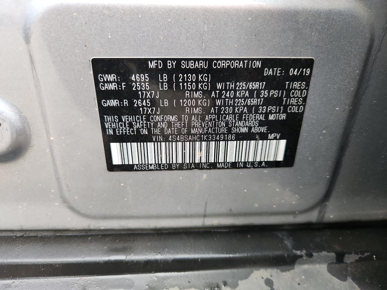 2019 Subaru Outback 2.5I Premium VIN: 4S4BSAHC1K3349186 Lot: 81476265