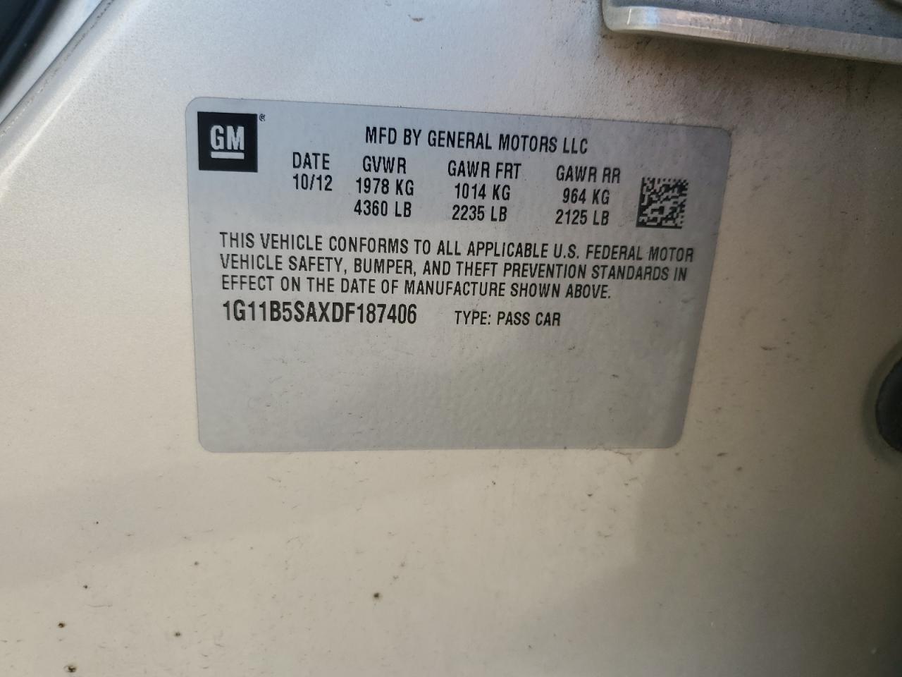 2013 Chevrolet Malibu Ls VIN: 1G11B5SAXDF187406 Lot: 80295425