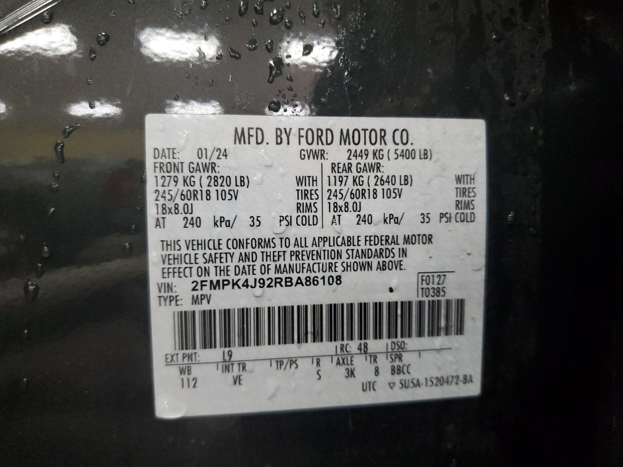 2024 Ford Edge Sel VIN: 2FMPK4J92RBA86108 Lot: 84187245