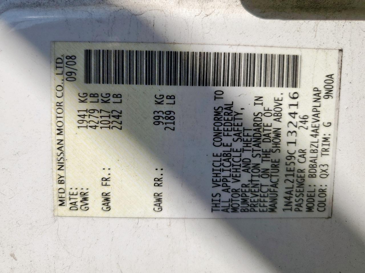 2009 Nissan Altima 2.5 VIN: 1N4AL21E59C132416 Lot: 80949325