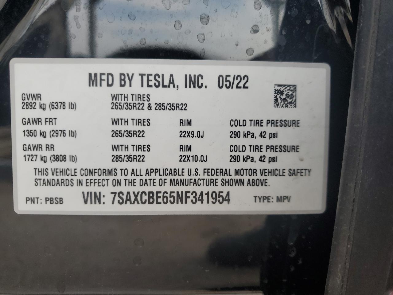 2022 Tesla Model X VIN: 7SAXCBE65NF341954 Lot: 80853145