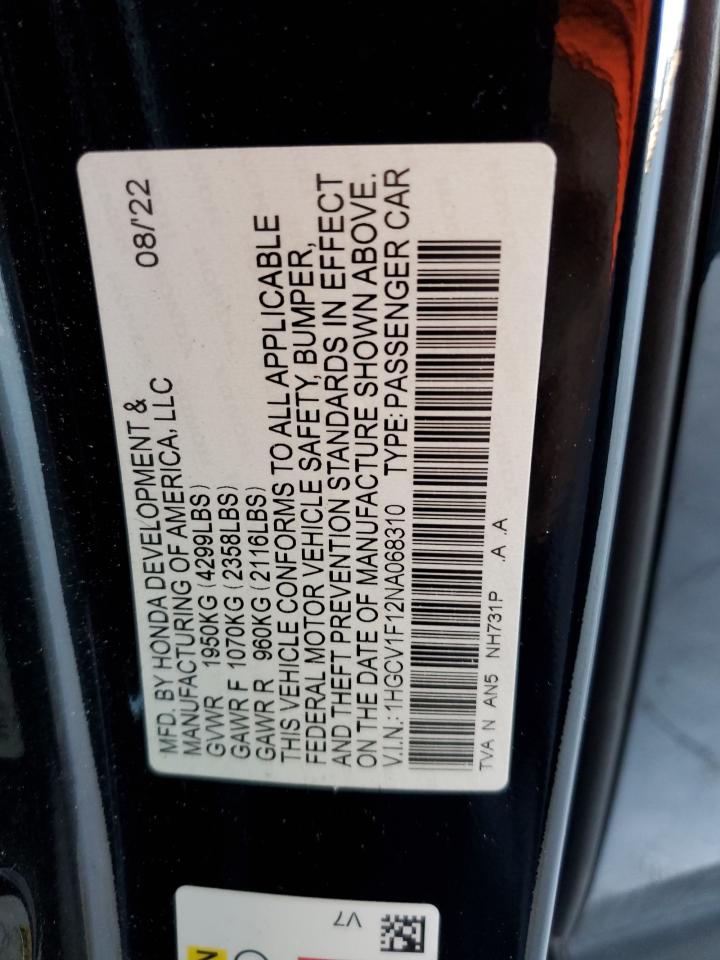 2022 Honda Accord Lx VIN: 1HGCV1F12NA068310 Lot: 80225015