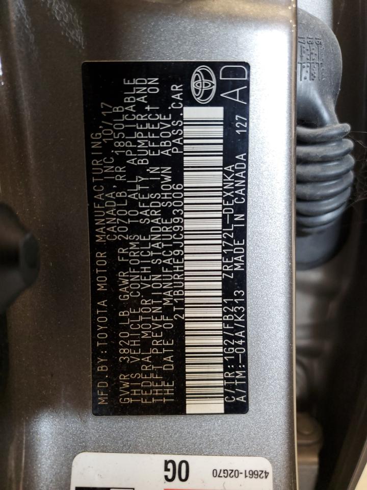 2018 Toyota Corolla L VIN: 2T1BURHE9JC993006 Lot: 70245675