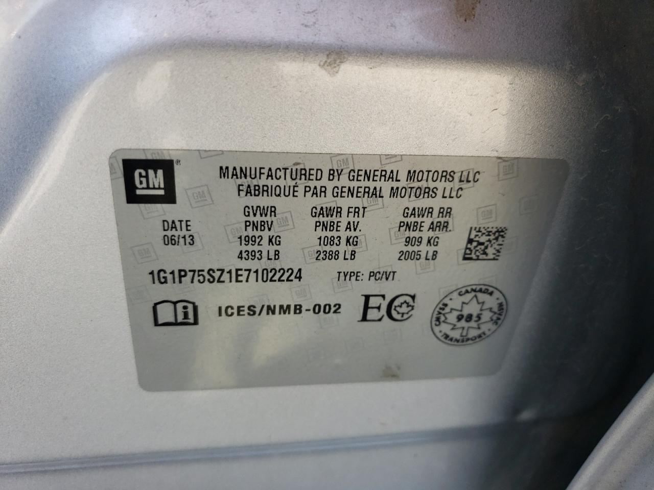 2014 Chevrolet Cruze VIN: 1G1P75SZ1E7102224 Lot: 70467915