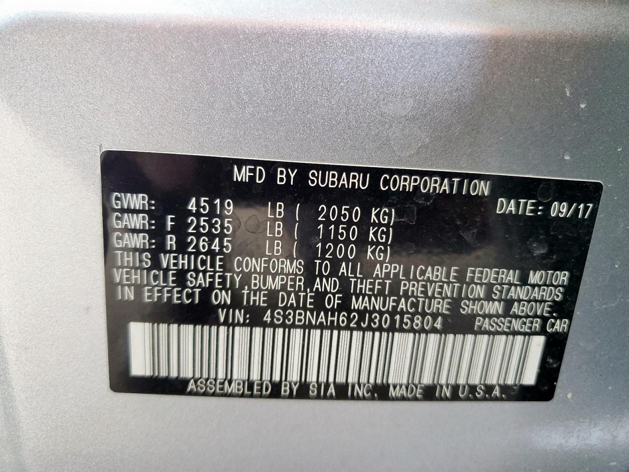 2018 Subaru Legacy 2.5I Premium VIN: 4S3BNAH62J3015804 Lot: 84040795