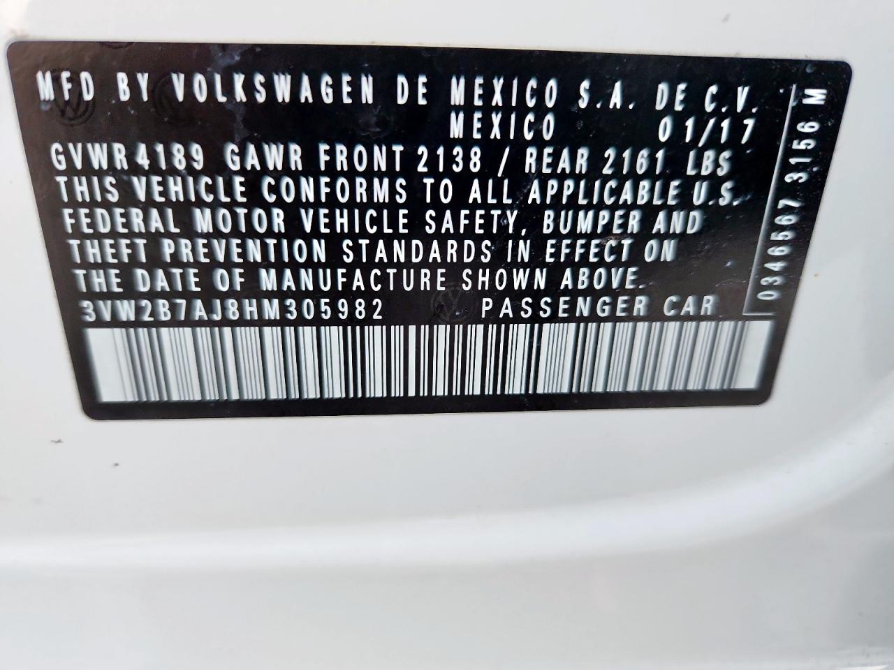 2017 Volkswagen Jetta S VIN: 3VW2B7AJ8HM305982 Lot: 71369945