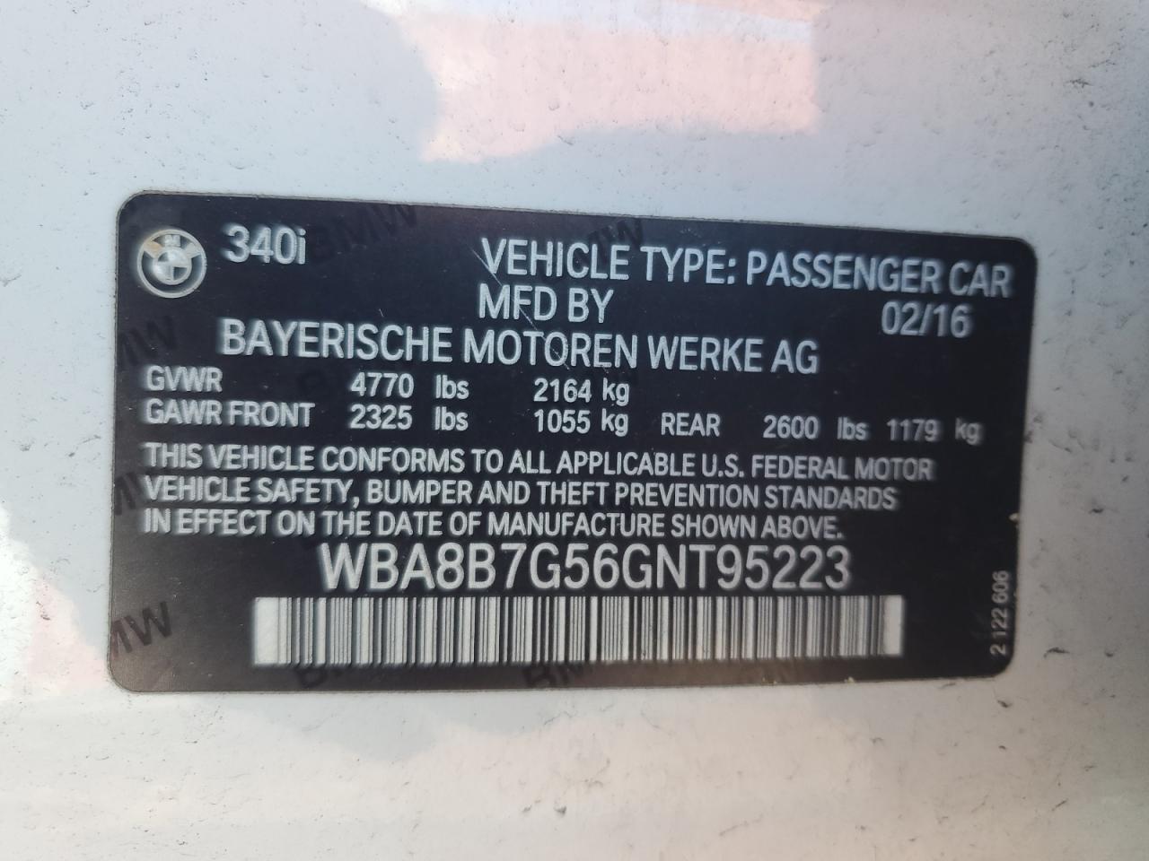 2016 BMW 340 Xi VIN: WBA8B7G56GNT95223 Lot: 71683255