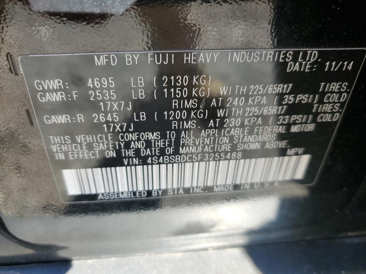 2015 Subaru Outback 2.5I Premium VIN: 4S4BSBDC5F3255488 Lot: 71796295