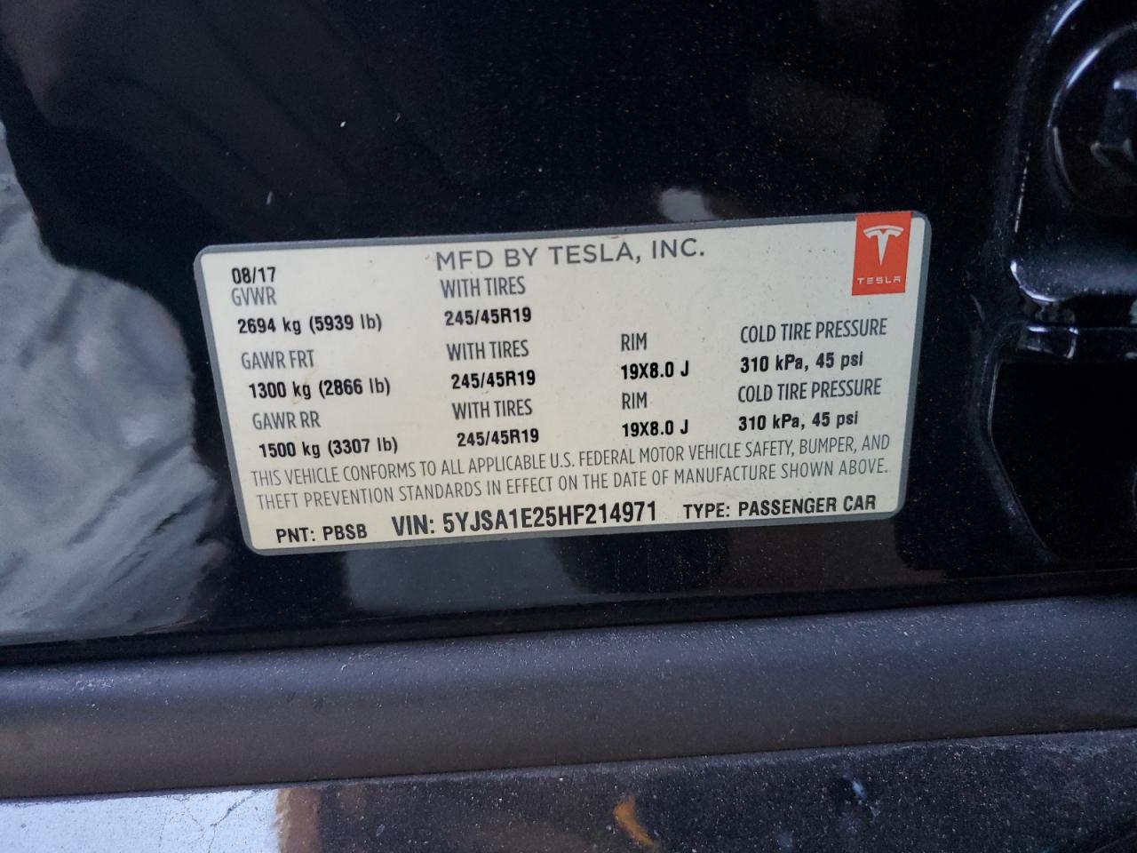 2017 Tesla Model S VIN: 5YJSA1E25HF214971 Lot: 82109705