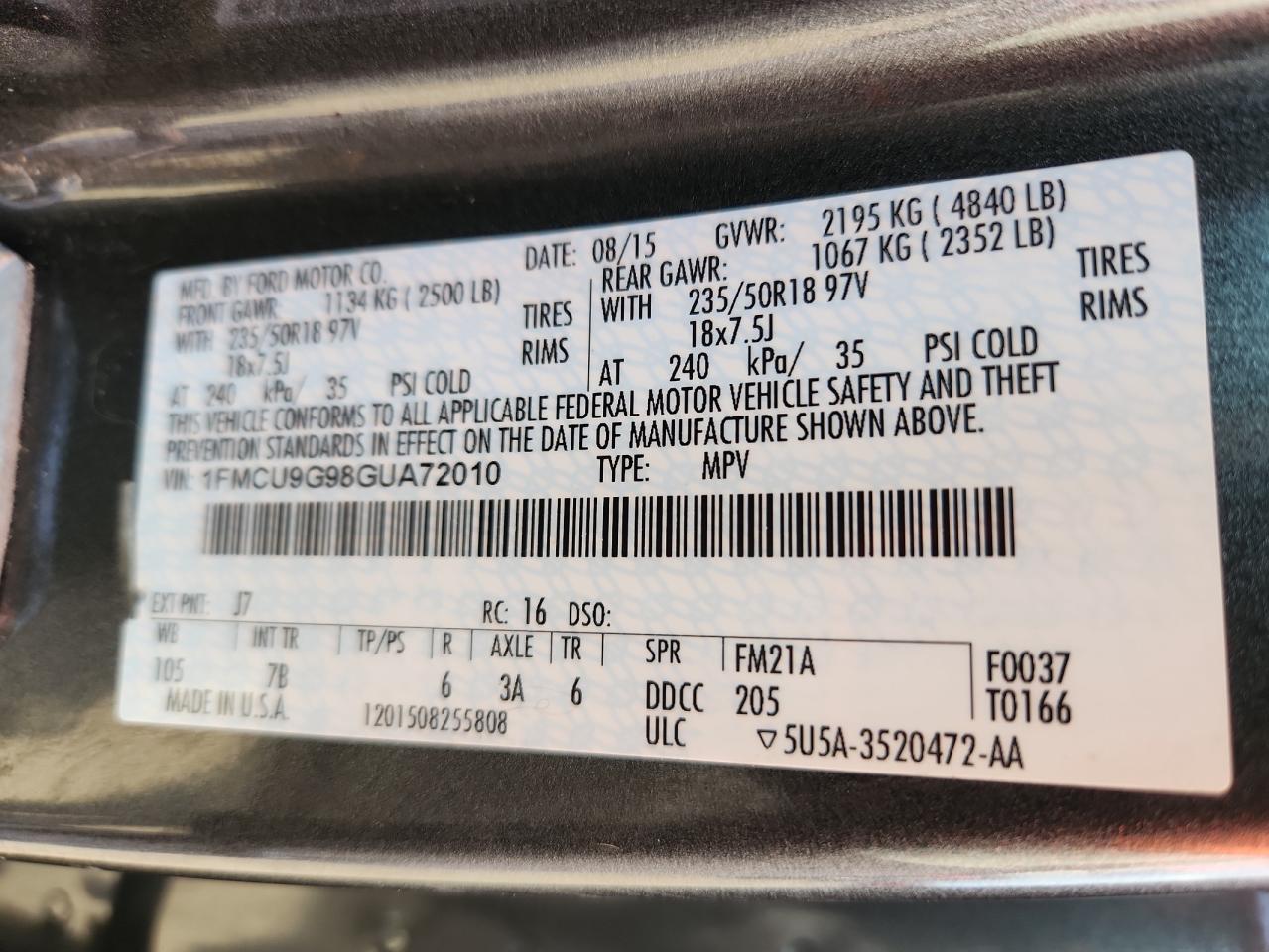 2016 Ford Escape Se VIN: 1FMCU9G98GUA72010 Lot: 80313975