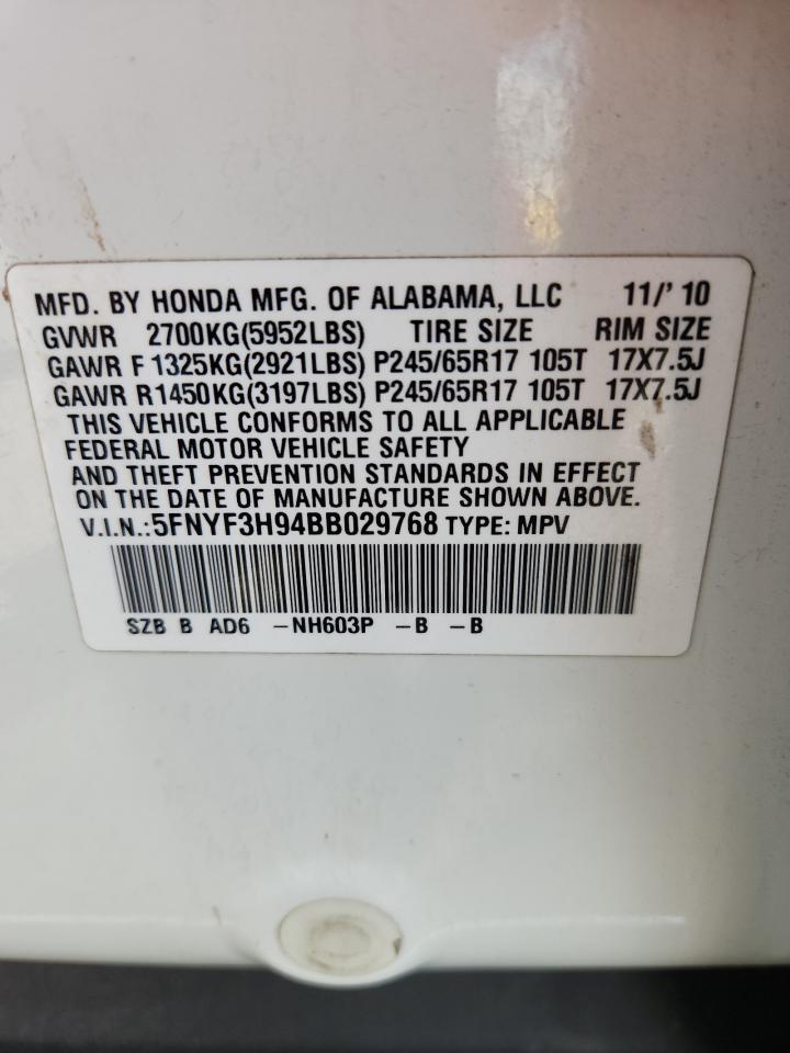 2011 Honda Pilot Touring VIN: 5FNYF3H94BB029768 Lot: 71886275