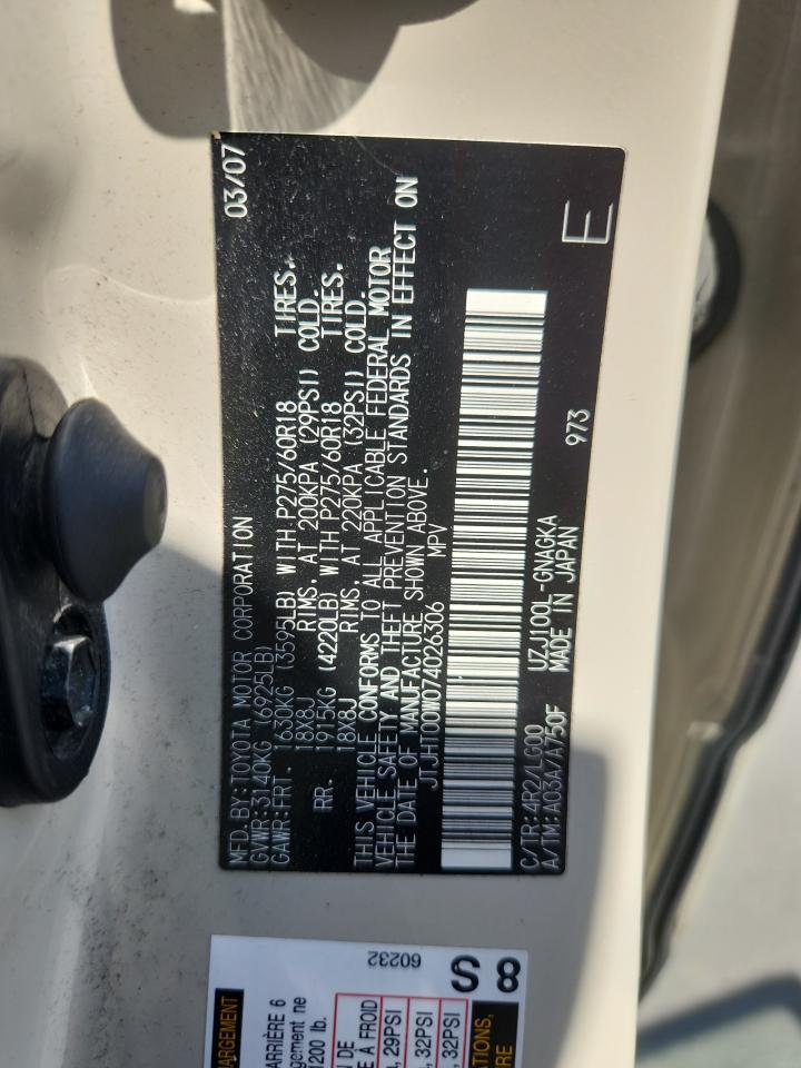 2007 Lexus Lx 470 VIN: JTJHT00W074026306 Lot: 82095995