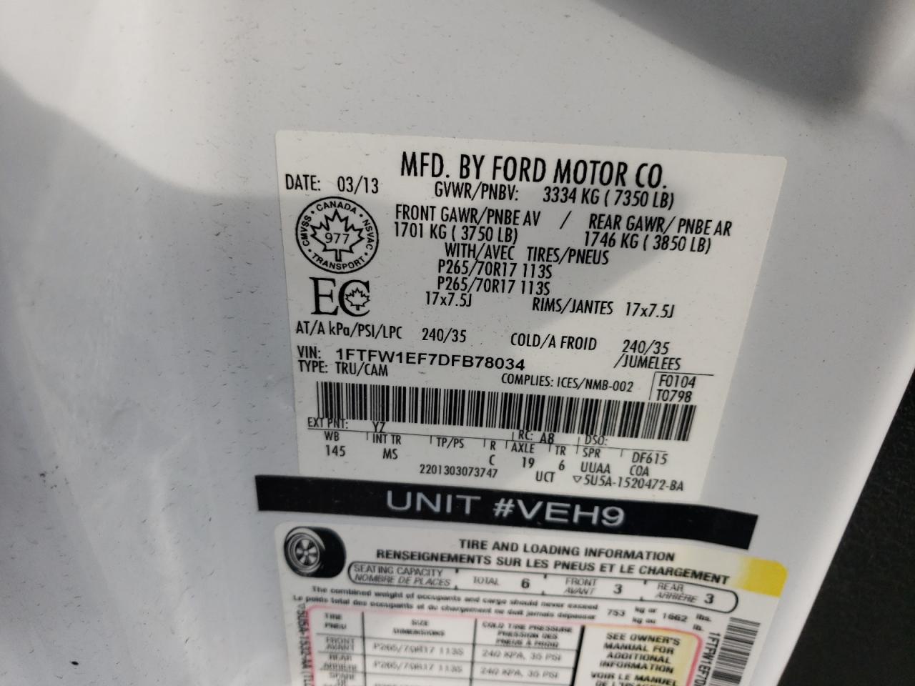 2013 Ford F150 Supercrew VIN: 1FTFW1EF7DFB78034 Lot: 84009405