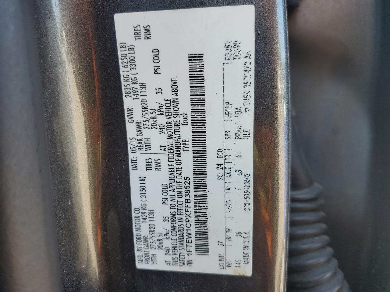 2015 Ford F150 Supercrew VIN: 1FTEW1CPXFFB38525 Lot: 71900155