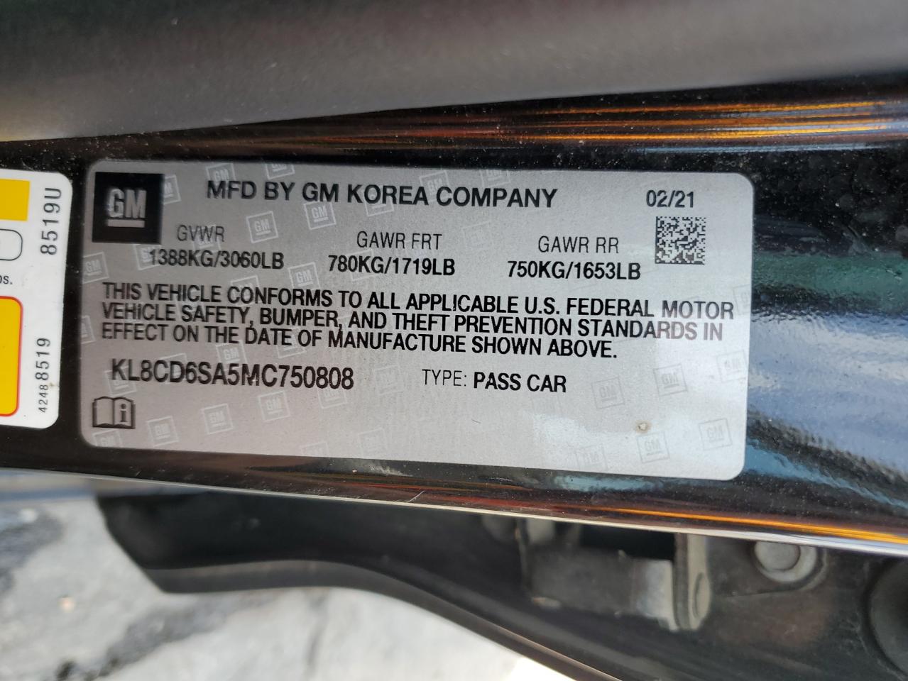 2021 Chevrolet Spark 1Lt VIN: KL8CD6SA5MC750808 Lot: 81613325