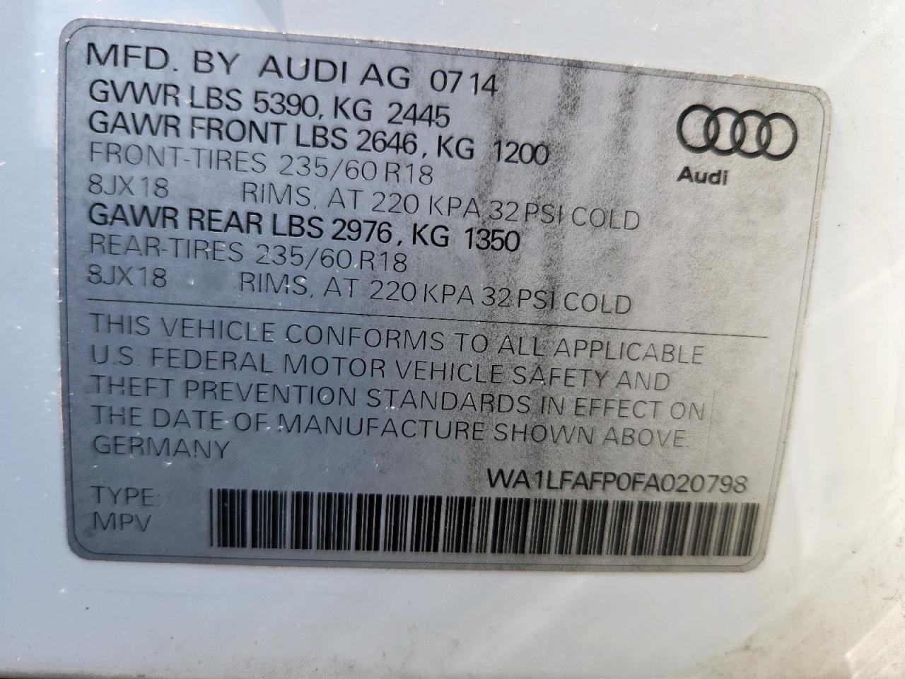 2015 Audi Q5 Premium Plus VIN: WA1LFAFP0FA020798 Lot: 81236625