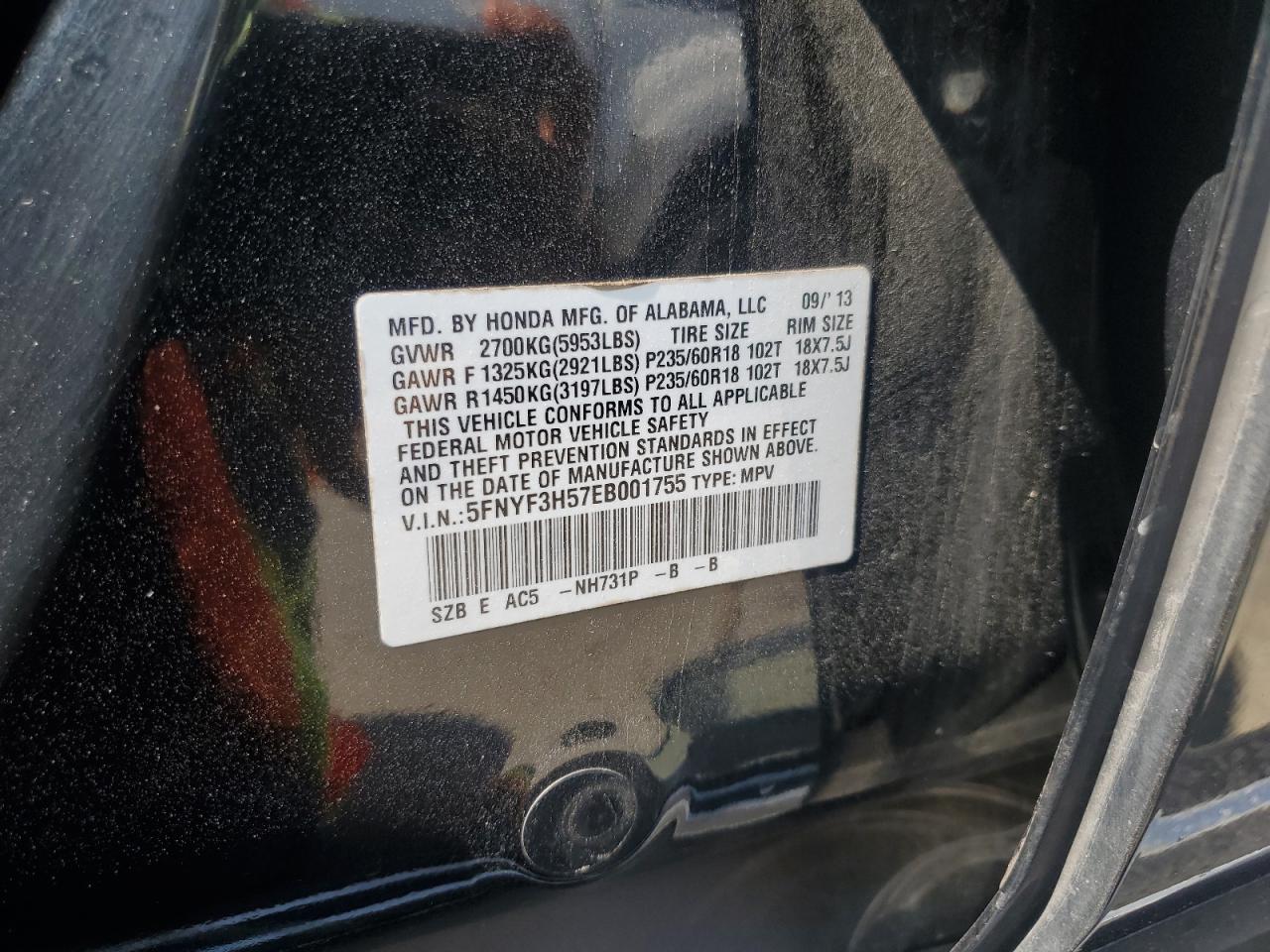 2014 Honda Pilot Exl VIN: 5FNYF3H57EB001755 Lot: 81378035