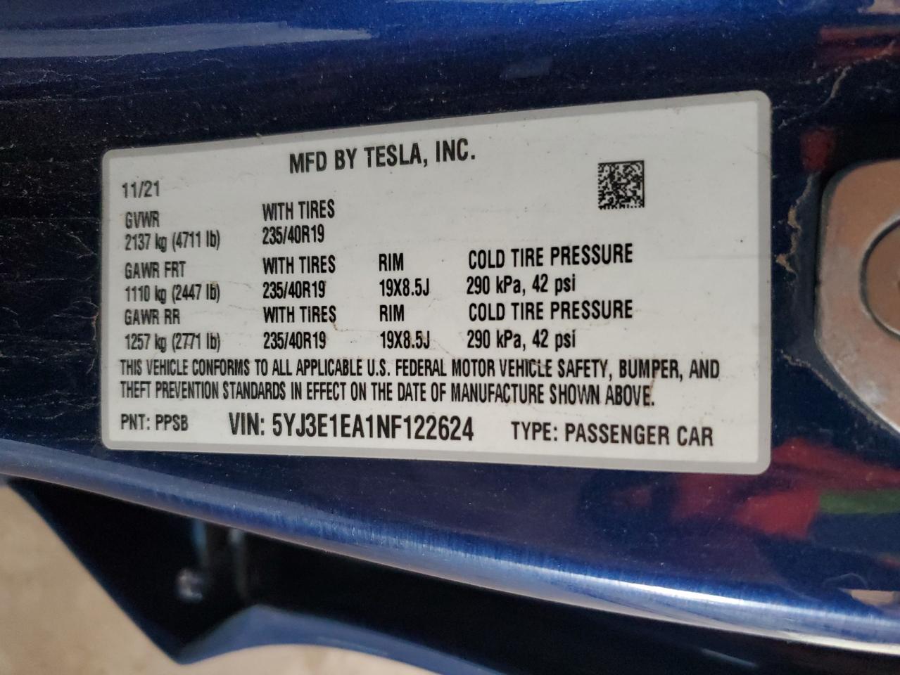 2022 Tesla Model 3 VIN: 5YJ3E1EA1NF122624 Lot: 84231455