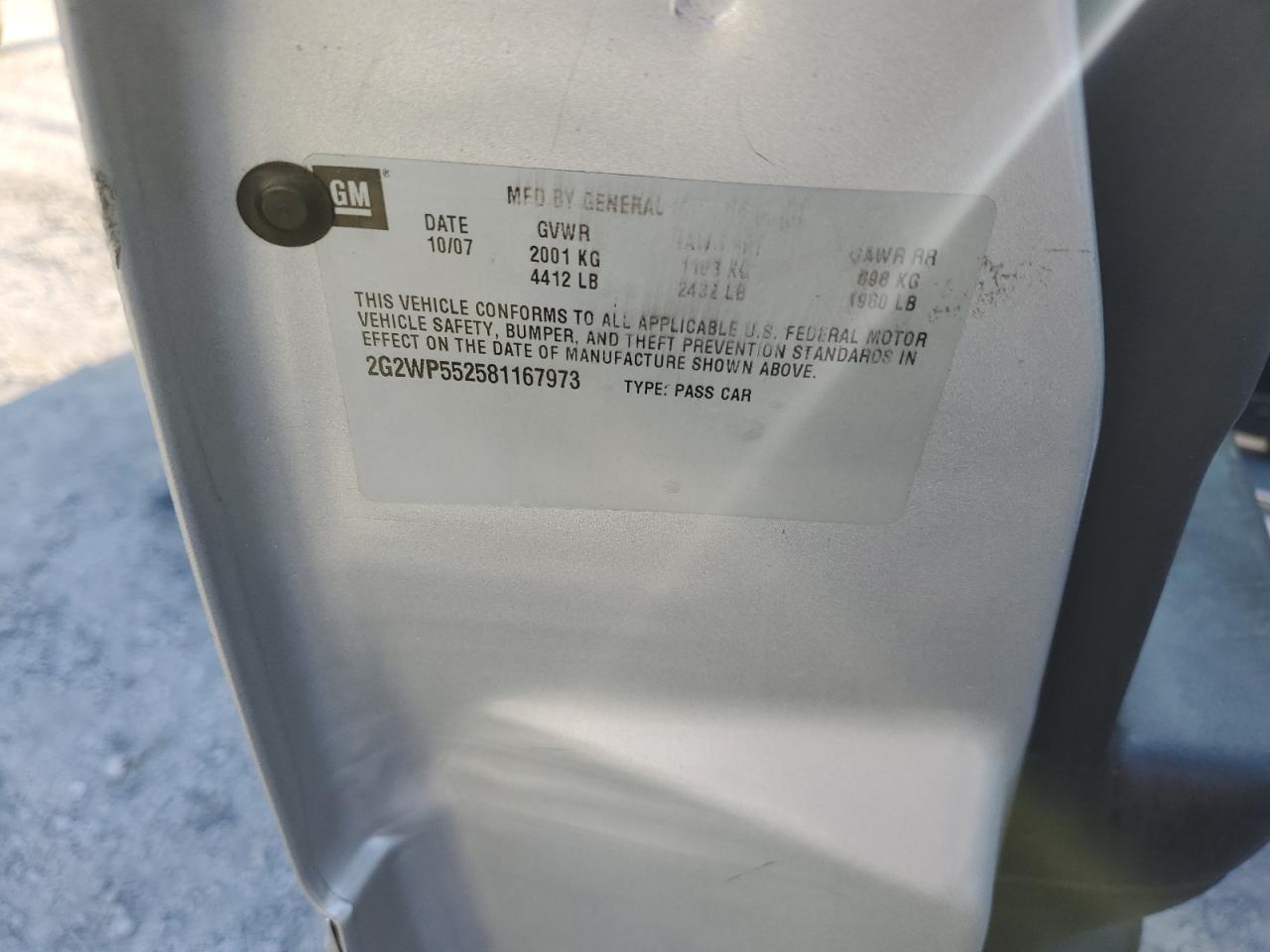 2008 Pontiac Grand Prix VIN: 2G2WP552581167973 Lot: 71408585